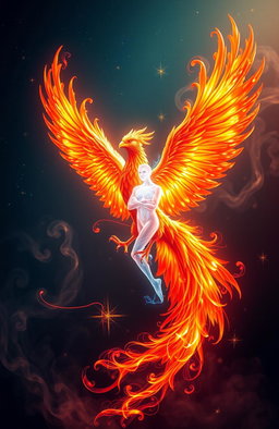 A magnificent phoenix and a human soul entwined together in a surreal and ethereal scene, both glowing with vibrant colors