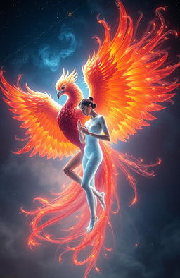A magnificent phoenix and a human soul entwined together in a surreal and ethereal scene, both glowing with vibrant colors