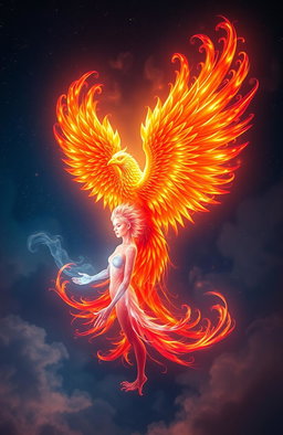 A magnificent phoenix and a human soul entwined together in a surreal and ethereal scene, both glowing with vibrant colors