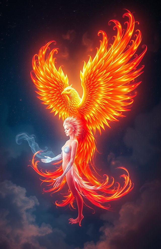 A magnificent phoenix and a human soul entwined together in a surreal and ethereal scene, both glowing with vibrant colors