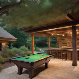 An outdoor billiard bar area, complete with pool tables, barstools, ambient lighting, and surrounded by trees and shrubs.