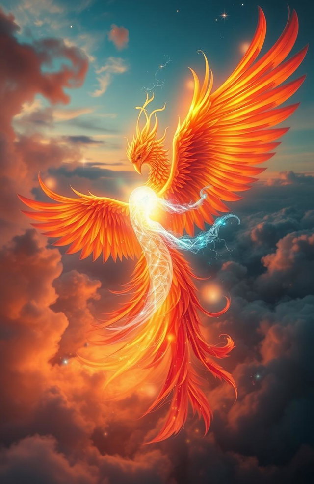 A mystical scene depicting a radiant Phoenix entwined with an ethereal soul, glowing softly as they merge together amidst swirling clouds of vibrant colors