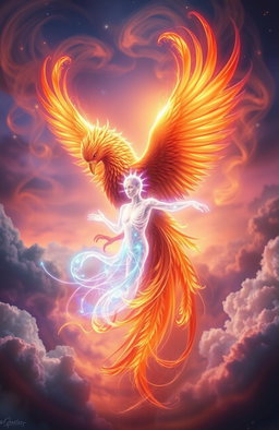 A mystical scene depicting a radiant Phoenix entwined with an ethereal soul, glowing softly as they merge together amidst swirling clouds of vibrant colors