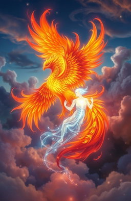 A mystical scene depicting a radiant Phoenix entwined with an ethereal soul, glowing softly as they merge together amidst swirling clouds of vibrant colors