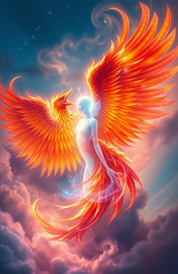 A mystical scene depicting a radiant Phoenix entwined with an ethereal soul, glowing softly as they merge together amidst swirling clouds of vibrant colors