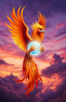 A majestic phoenix with vibrant orange, red, and gold feathers gracefully wrapping around a glowing blue and white soul, symbolizing rebirth and transformation