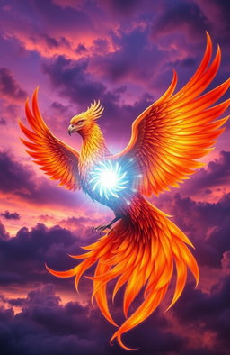 A majestic phoenix with vibrant orange, red, and gold feathers gracefully wrapping around a glowing blue and white soul, symbolizing rebirth and transformation