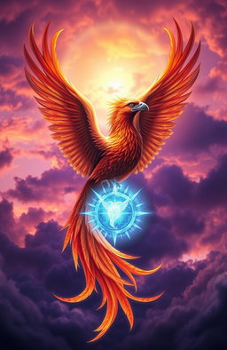 A majestic phoenix with vibrant orange, red, and gold feathers gracefully wrapping around a glowing blue and white soul, symbolizing rebirth and transformation