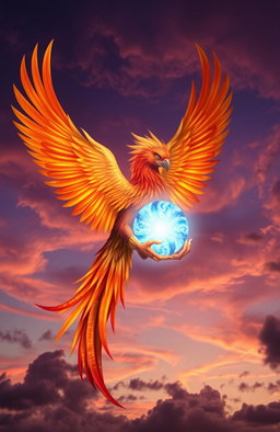 A majestic phoenix with vibrant orange, red, and gold feathers gracefully wrapping around a glowing blue and white soul, symbolizing rebirth and transformation