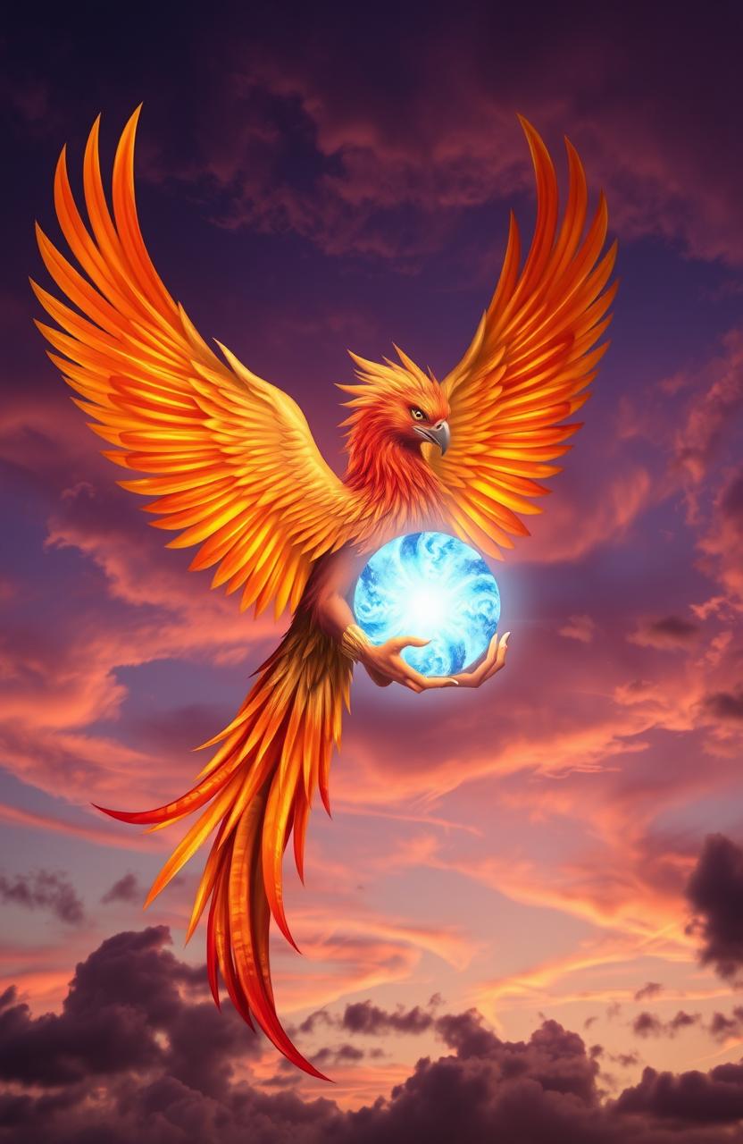 A majestic phoenix with vibrant orange, red, and gold feathers gracefully wrapping around a glowing blue and white soul, symbolizing rebirth and transformation
