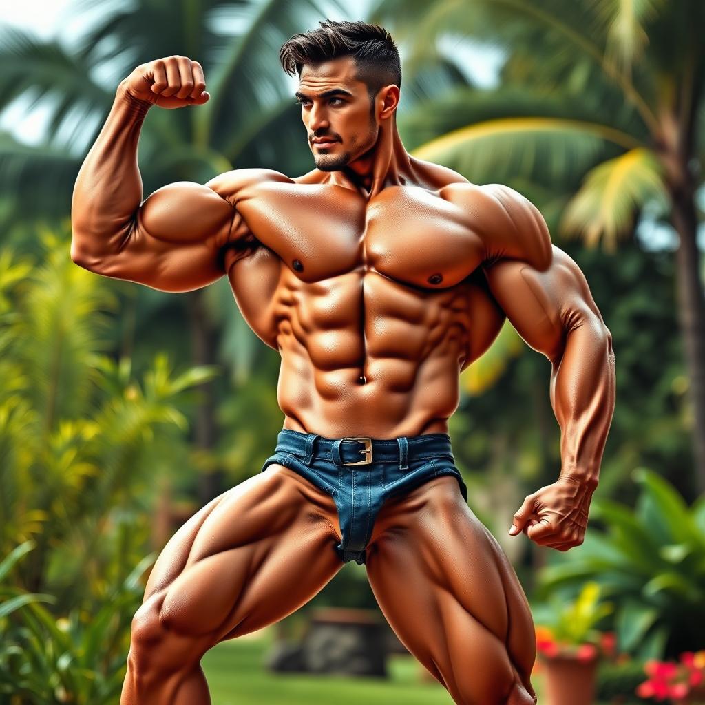 A muscular man depicted in a powerful pose, showcasing his impressive physique in an artistic manner
