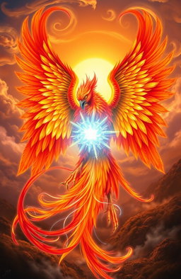 A majestic phoenix, vibrant feathers in shades of fiery red, orange, and gold, gracefully wrapped around a luminous, ethereal soul that glows with a soft blue light