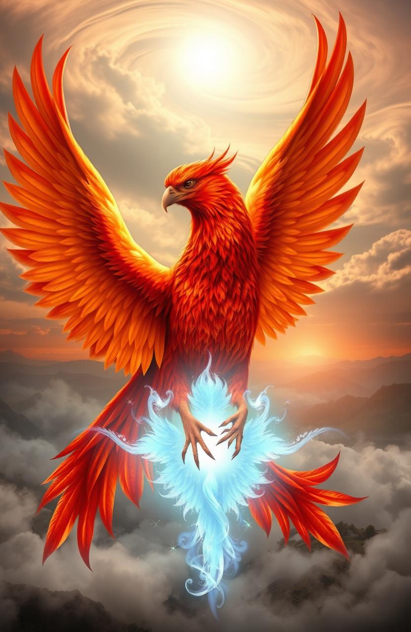 A majestic phoenix, vibrant feathers in shades of fiery red, orange, and gold, gracefully wrapped around a luminous, ethereal soul that glows with a soft blue light