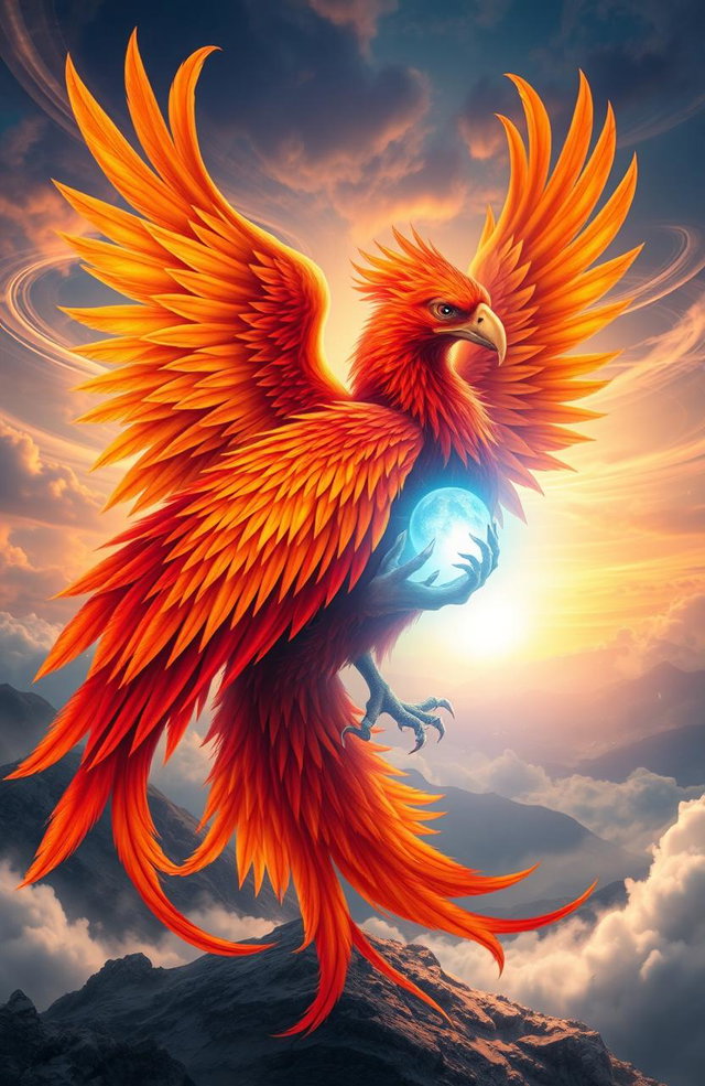 A majestic phoenix, vibrant feathers in shades of fiery red, orange, and gold, gracefully wrapped around a luminous, ethereal soul that glows with a soft blue light