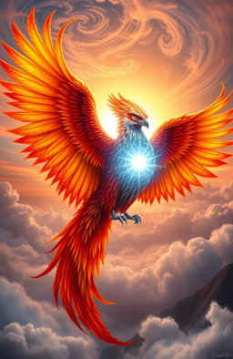 A majestic phoenix, vibrant feathers in shades of fiery red, orange, and gold, gracefully wrapped around a luminous, ethereal soul that glows with a soft blue light