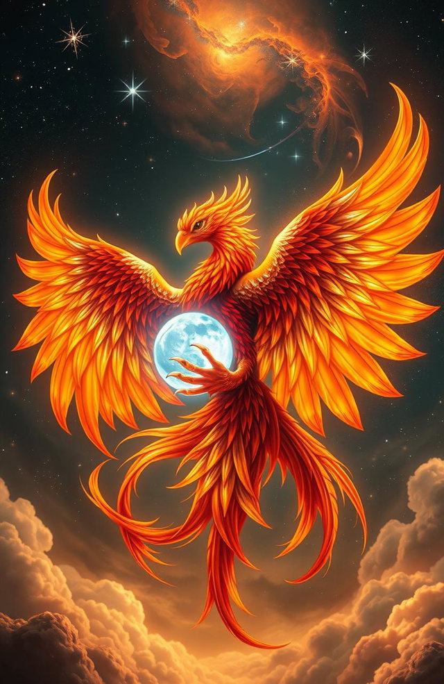 A stunning, mythical phoenix intricately wrapped around a glowing, ethereal soul
