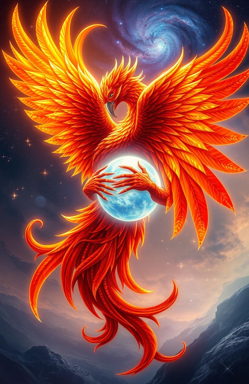 A stunning, mythical phoenix intricately wrapped around a glowing, ethereal soul