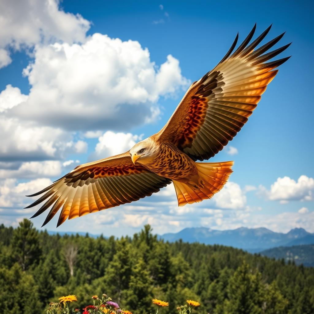 A majestic golden eagle soaring through a bright blue sky with fluffy white clouds