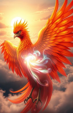 A mythical phoenix, vibrant and colorful with fiery red, orange, and gold feathers, elegantly wrapped around a glowing, ethereal soul made of swirling light and soft, radiant colors