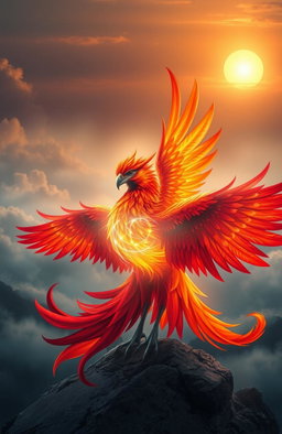 A mythical phoenix, vibrant and colorful with fiery red, orange, and gold feathers, elegantly wrapped around a glowing, ethereal soul made of swirling light and soft, radiant colors