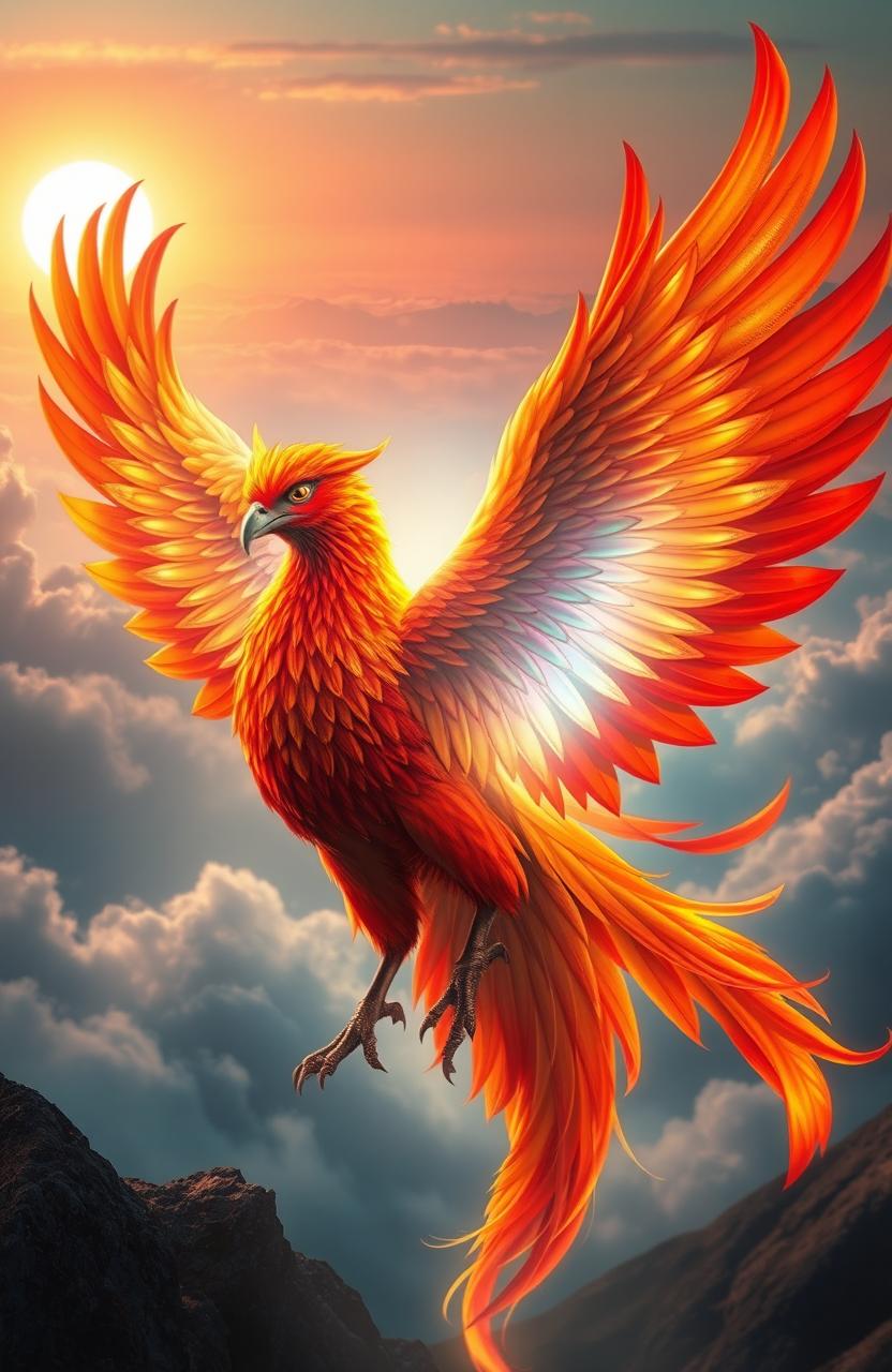 A mythical phoenix, vibrant and colorful with fiery red, orange, and gold feathers, elegantly wrapped around a glowing, ethereal soul made of swirling light and soft, radiant colors