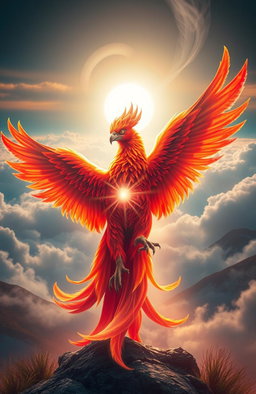 A mythical phoenix, vibrant and colorful with fiery red, orange, and gold feathers, elegantly wrapped around a glowing, ethereal soul made of swirling light and soft, radiant colors