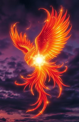 An ethereal phoenix, vividly colored in shades of fiery red, orange, and gold, gracefully wrapping around a glowing soul that radiates soft, white light