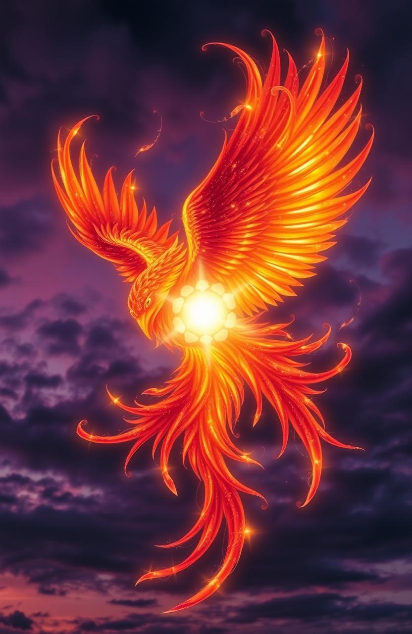 An ethereal phoenix, vividly colored in shades of fiery red, orange, and gold, gracefully wrapping around a glowing soul that radiates soft, white light