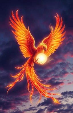 An ethereal phoenix, vividly colored in shades of fiery red, orange, and gold, gracefully wrapping around a glowing soul that radiates soft, white light