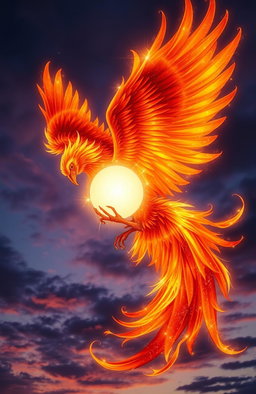 An ethereal phoenix, vividly colored in shades of fiery red, orange, and gold, gracefully wrapping around a glowing soul that radiates soft, white light