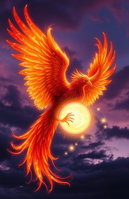 An ethereal phoenix, vividly colored in shades of fiery red, orange, and gold, gracefully wrapping around a glowing soul that radiates soft, white light
