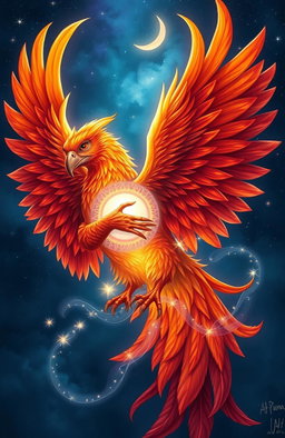 A magnificent phoenix with vibrant, fiery orange and red feathers, wrapped protectively around a glowing, ethereal soul