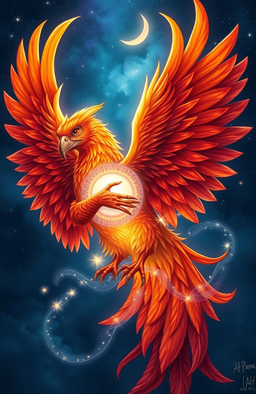 A magnificent phoenix with vibrant, fiery orange and red feathers, wrapped protectively around a glowing, ethereal soul