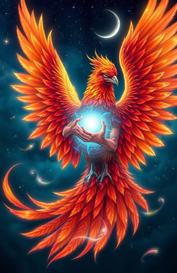 A magnificent phoenix with vibrant, fiery orange and red feathers, wrapped protectively around a glowing, ethereal soul