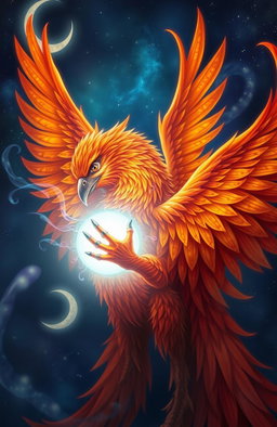 A magnificent phoenix with vibrant, fiery orange and red feathers, wrapped protectively around a glowing, ethereal soul