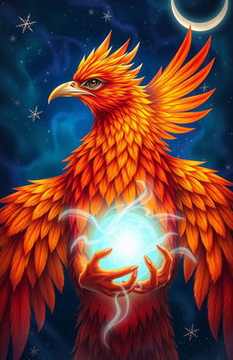 A magnificent phoenix with vibrant, fiery orange and red feathers, wrapped protectively around a glowing, ethereal soul