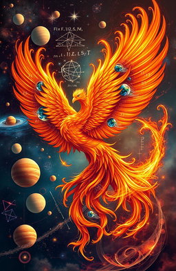 A stunning and symbolic representation of a phoenix intertwined with elements of physics, showcasing the vibrant, fiery colors of the phoenix with feathers resembling swirling galaxies, mathematical equations, and physics symbols woven into its wings