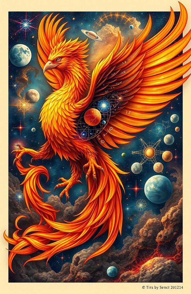 A stunning and symbolic representation of a phoenix intertwined with elements of physics, showcasing the vibrant, fiery colors of the phoenix with feathers resembling swirling galaxies, mathematical equations, and physics symbols woven into its wings