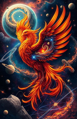 A stunning and symbolic representation of a phoenix intertwined with elements of physics, showcasing the vibrant, fiery colors of the phoenix with feathers resembling swirling galaxies, mathematical equations, and physics symbols woven into its wings