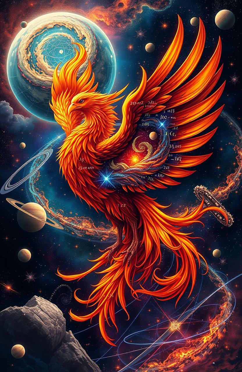 A stunning and symbolic representation of a phoenix intertwined with elements of physics, showcasing the vibrant, fiery colors of the phoenix with feathers resembling swirling galaxies, mathematical equations, and physics symbols woven into its wings