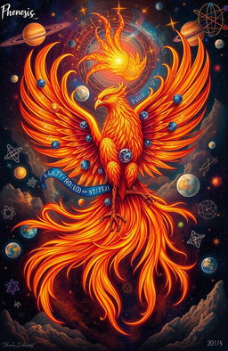 A stunning and symbolic representation of a phoenix intertwined with elements of physics, showcasing the vibrant, fiery colors of the phoenix with feathers resembling swirling galaxies, mathematical equations, and physics symbols woven into its wings