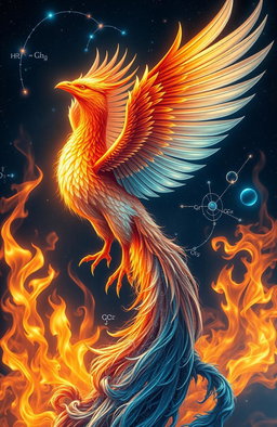 An ethereal depiction of a phoenix rising dramatically from flames, symbolizing rebirth and transformation