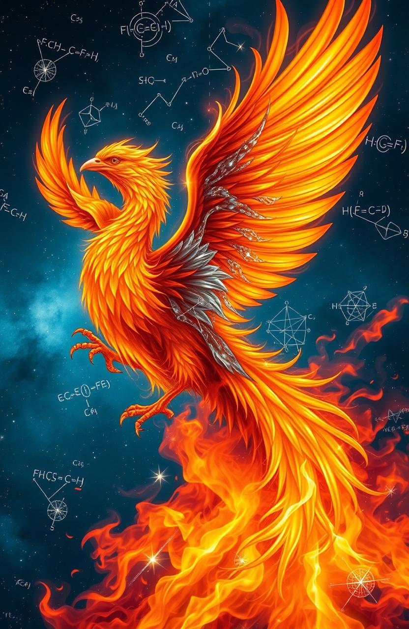 An ethereal depiction of a phoenix rising dramatically from flames, symbolizing rebirth and transformation