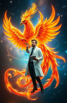 A breathtaking visual of a phoenix and a physicist intricately intertwined in a dynamic pose