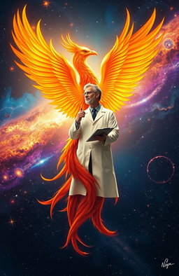 A breathtaking visual of a phoenix and a physicist intricately intertwined in a dynamic pose