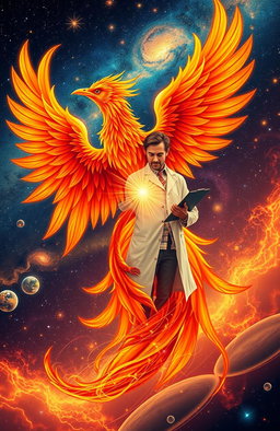 A breathtaking visual of a phoenix and a physicist intricately intertwined in a dynamic pose
