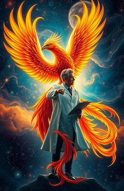 A breathtaking visual of a phoenix and a physicist intricately intertwined in a dynamic pose