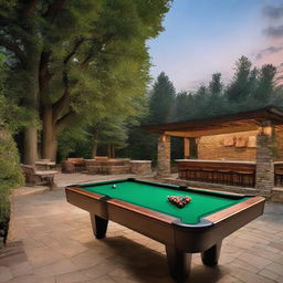 An outdoor billiard bar area, complete with pool tables, barstools, ambient lighting, and surrounded by trees and shrubs.