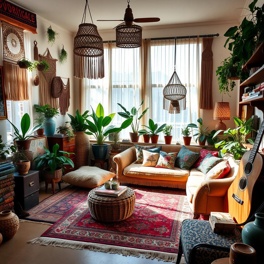A beautifully arranged scene that captures the essence of elegant Bohemian style, featuring a cozy interior with richly patterned textiles, layered rugs, and an eclectic mix of furniture