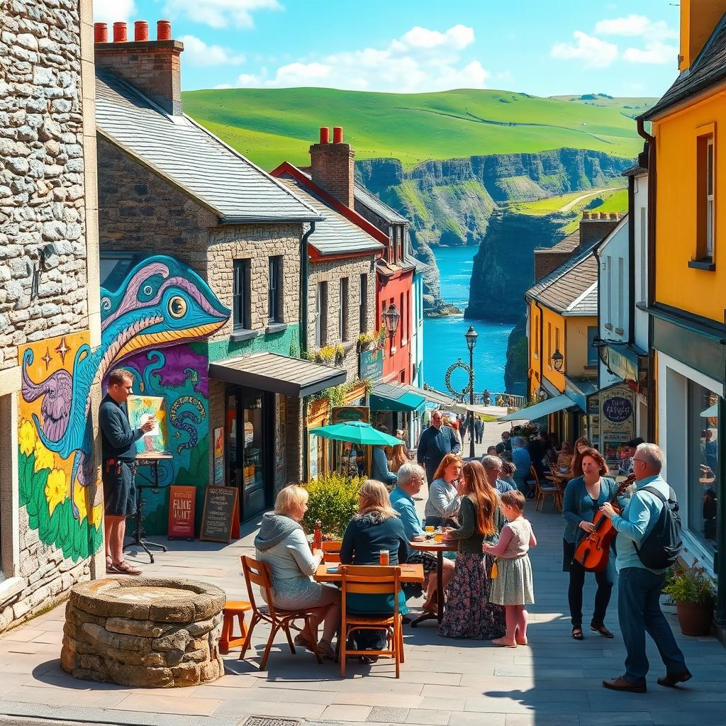 A vibrant scene blending Celtic mysticism with modern life in the West of Ireland